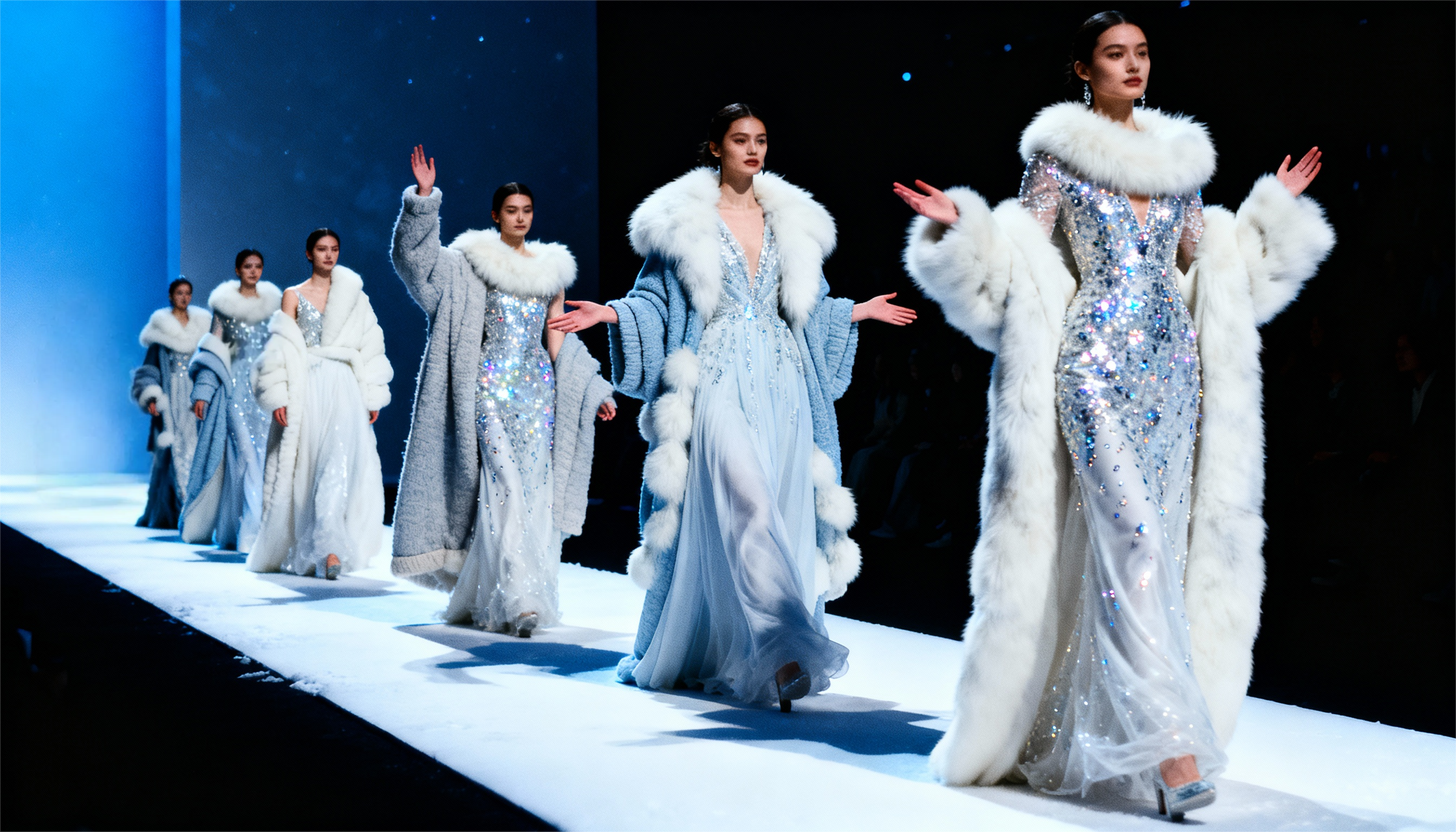 Winter Wonderland fashion runway featuring models in sparkling icy gowns and luxurious faux fur coats