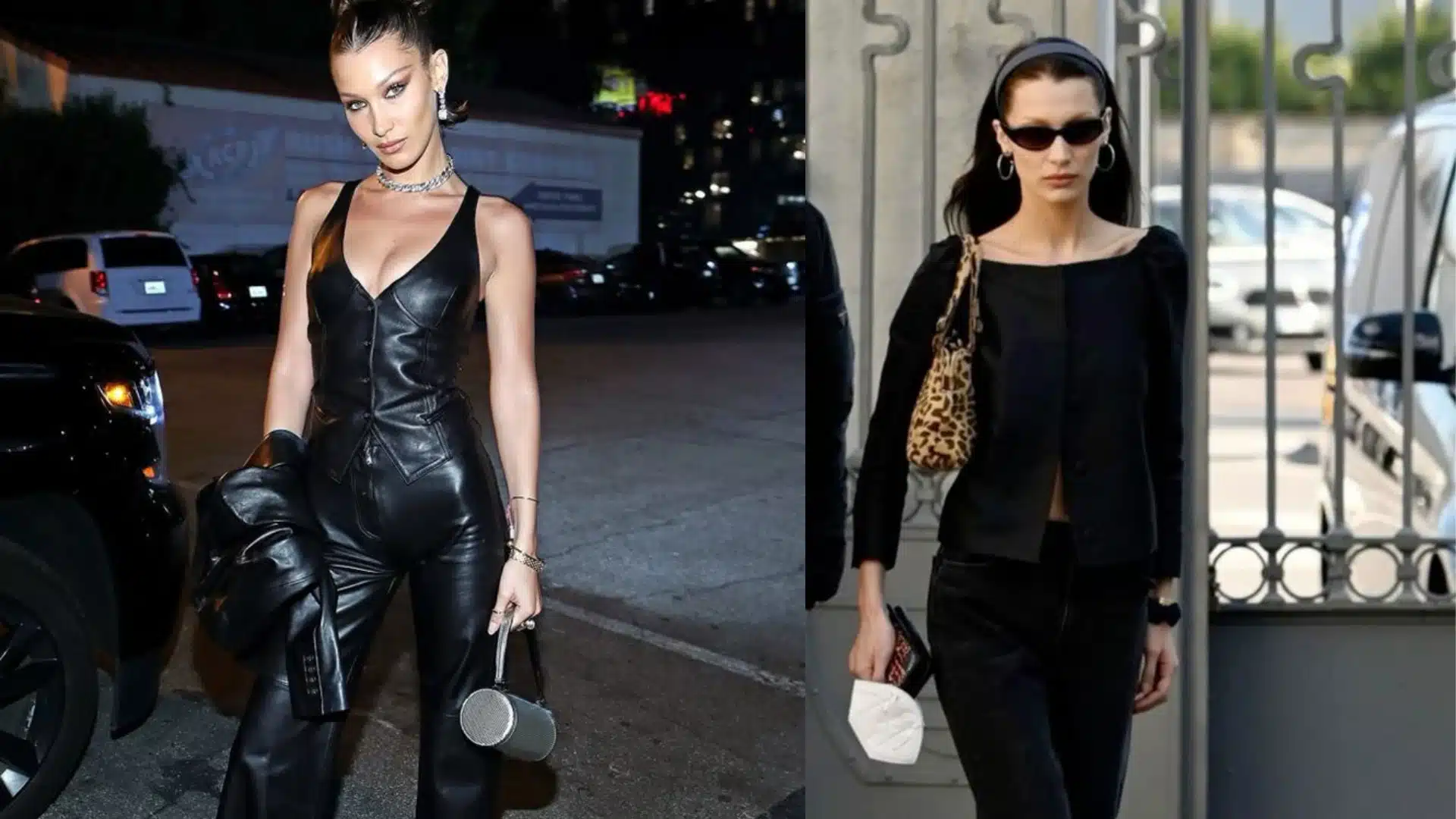 women in black leather outfits one carrying a black purse pose confidently against a neutral background