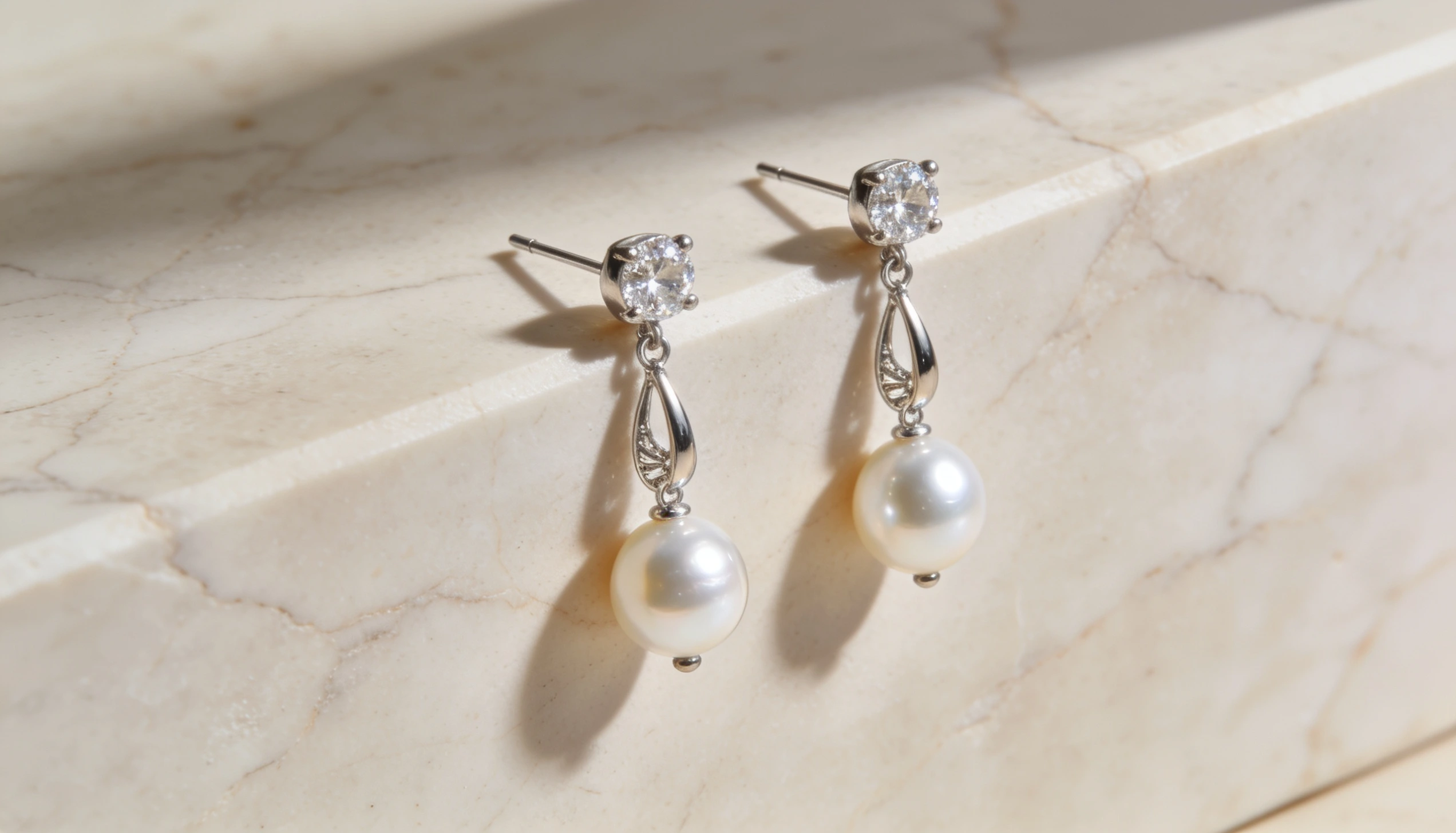 Silver drop earrings with sparkling crystal studs and round pearl pendants displayed on a marble surface showcasing an elegant timeless jewelry design