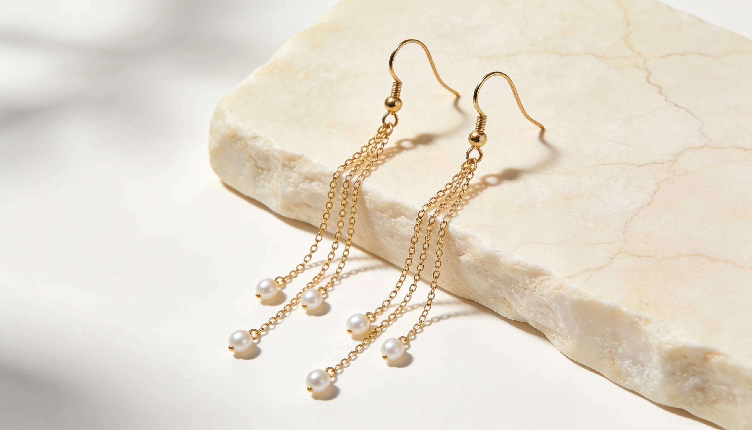 Gold dangle earrings with delicate chain strands and small pearl accents displayed on a marble surface featuring graceful elegant jewelry style