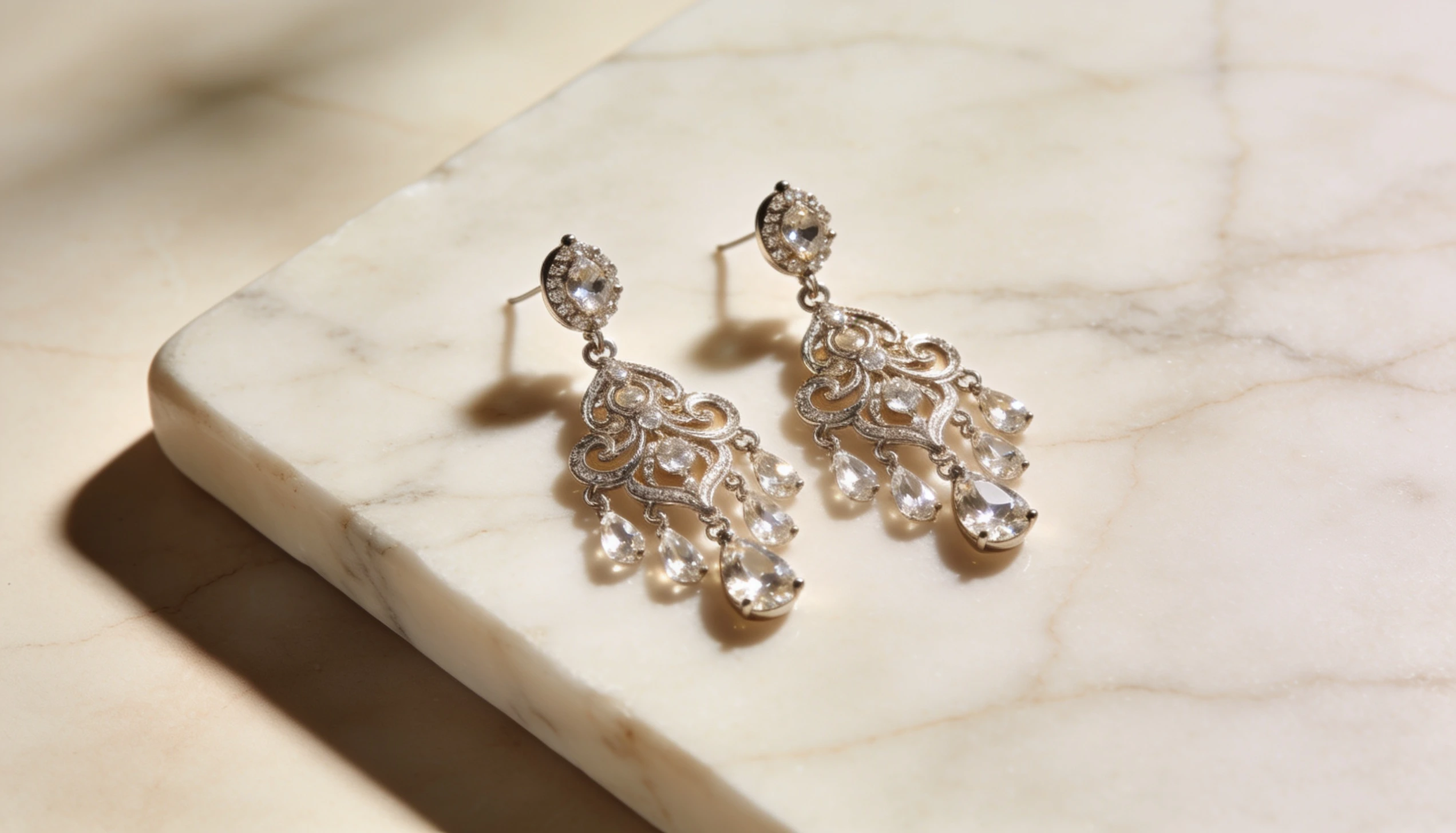 Silver chandelier earrings with intricate crystal details and sparkling teardrop accents displayed on a marble surface showcasing elegant statement jewelry design