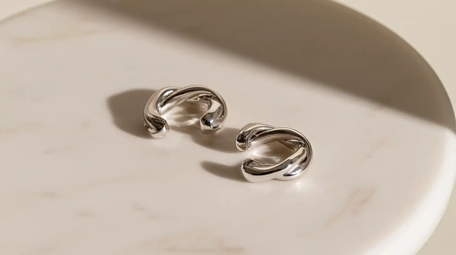 Silver ear cuff earrings with a smooth polished finish displayed on a marble tray showcasing modern minimalist jewelry without pierced posts