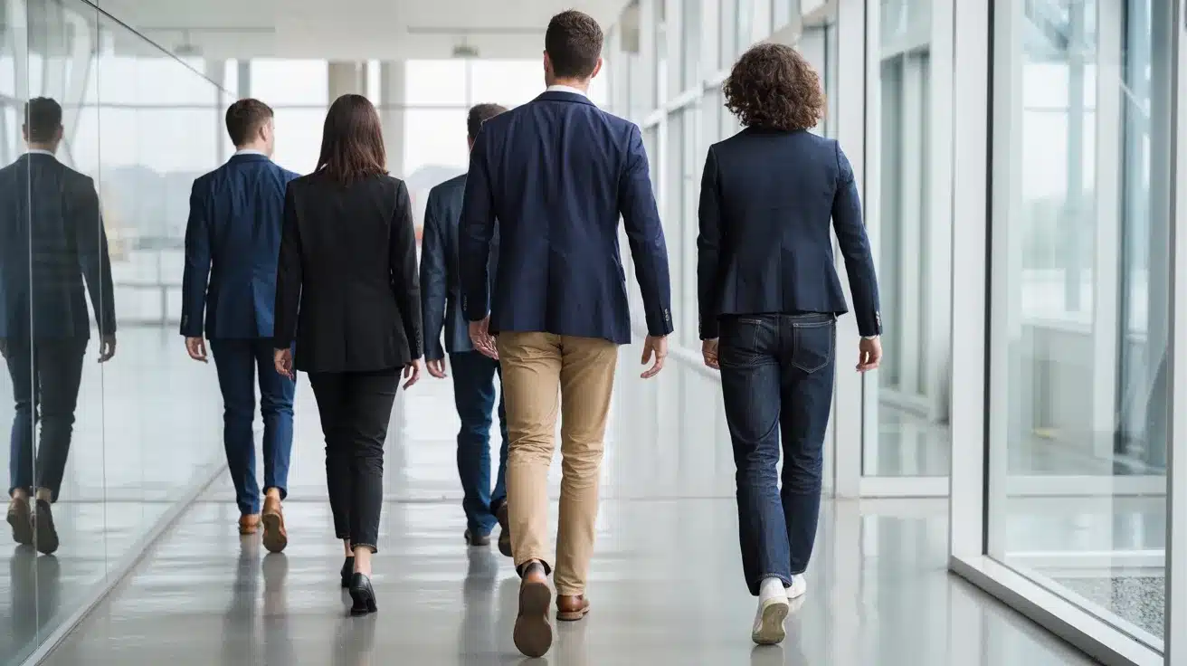 A group of five business professionals in blazers walks away from the camera down a bright, modern office hallway lined with glass windows and reflective surfaces