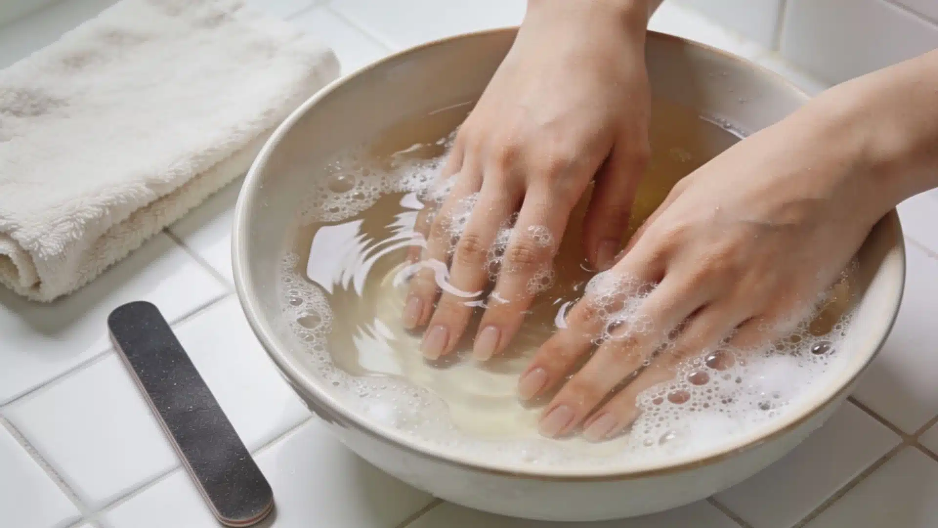 Hands soaking in a bubbly bowl of water with a nail file and towel nearby.