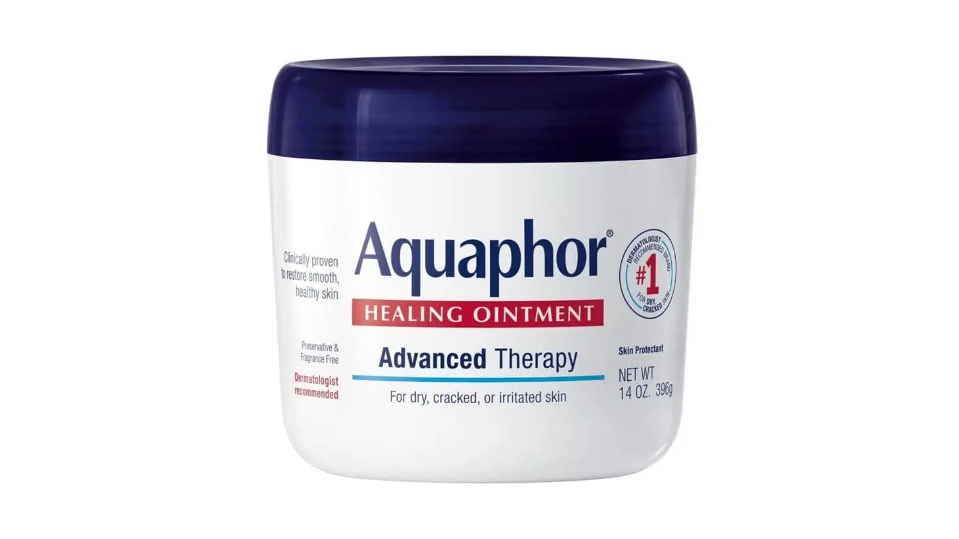 Aquaphor Healing Ointment Advanced Therapy in a white jar with a blue lid on a white background.