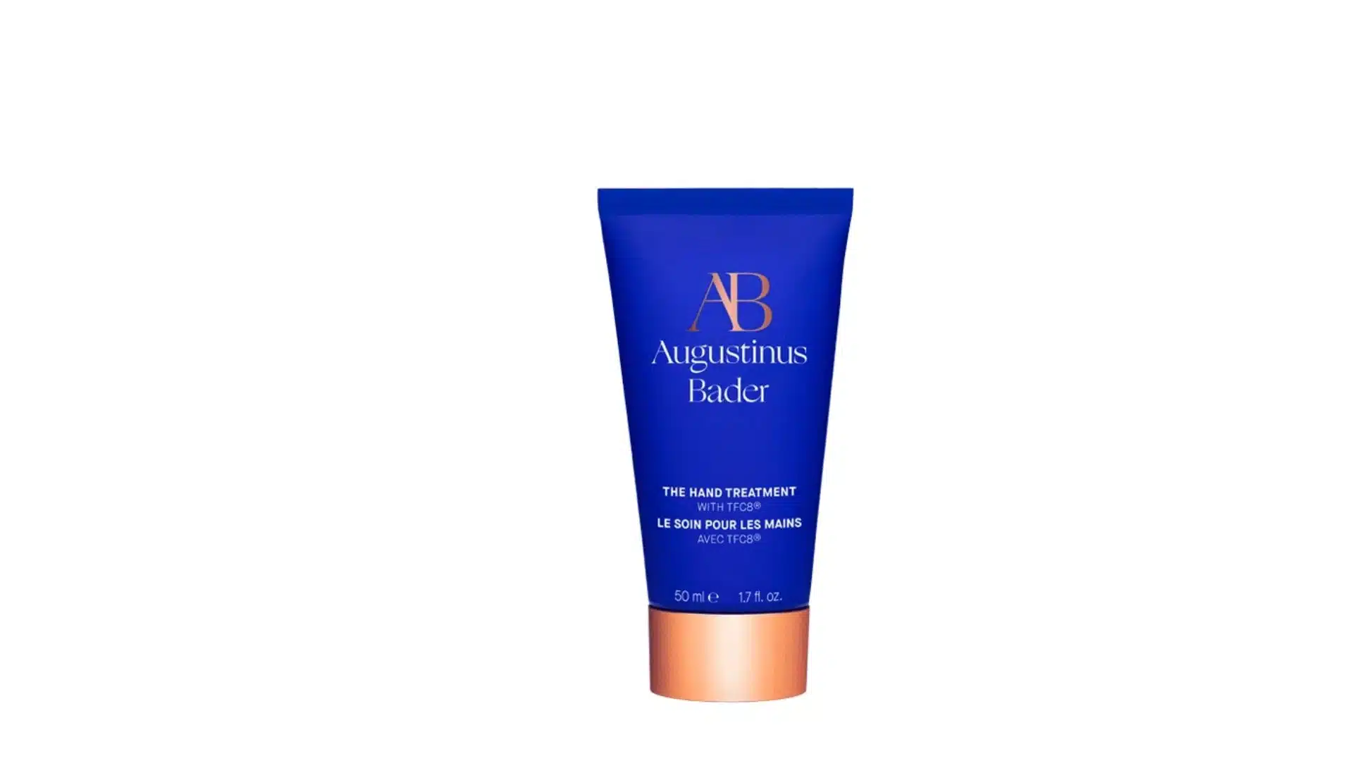 Augustinus Bader The Hand Treatment in a royal blue tube with a copper cap on a white background.