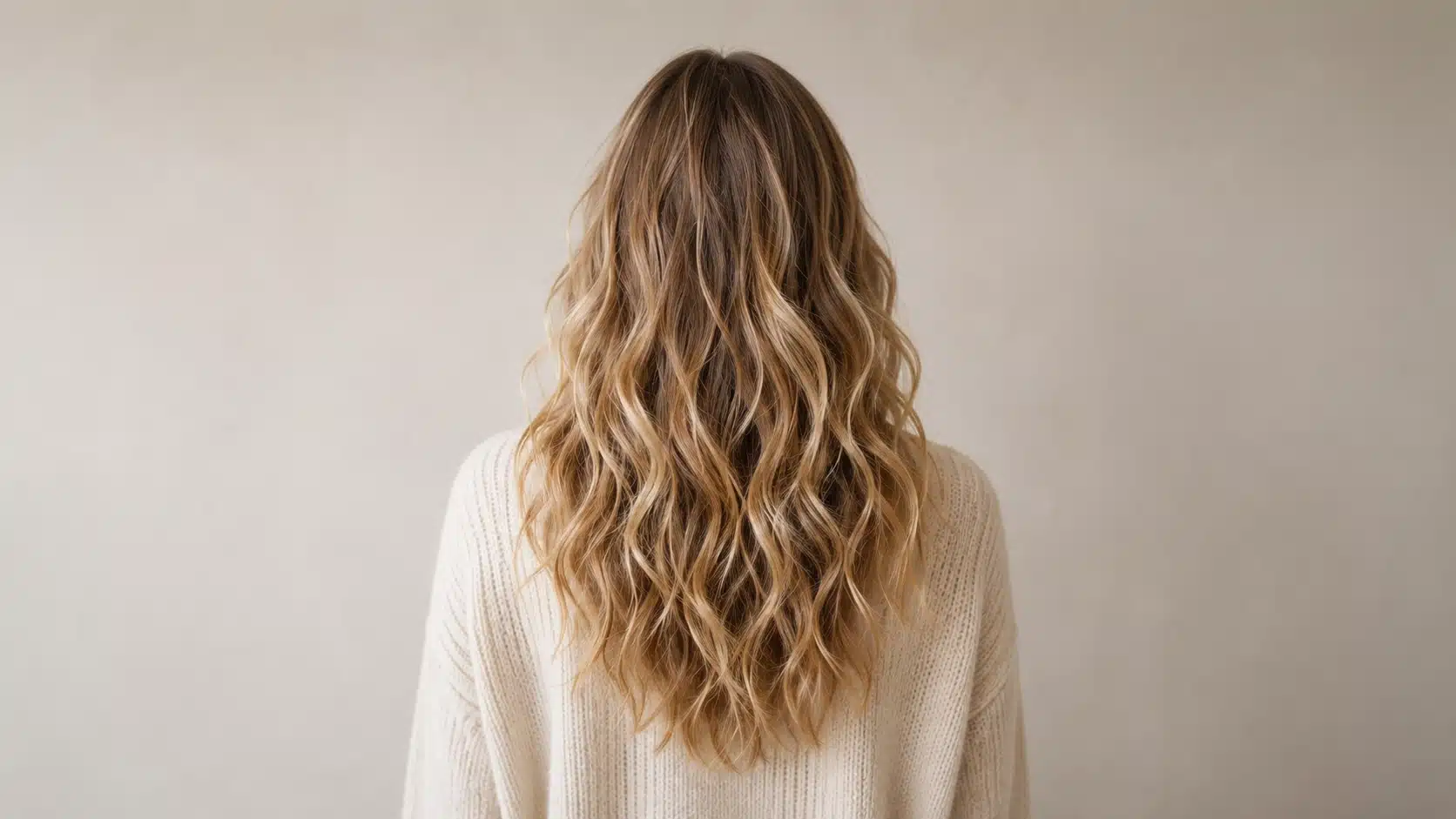A woman with long, wavy hair styled in a beach wave perm, showcasing soft, natural-looking curls.
