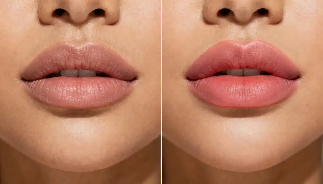 Side-by-side images of a woman's lips, illustrating the transformation from before to after a cosmetic procedure.