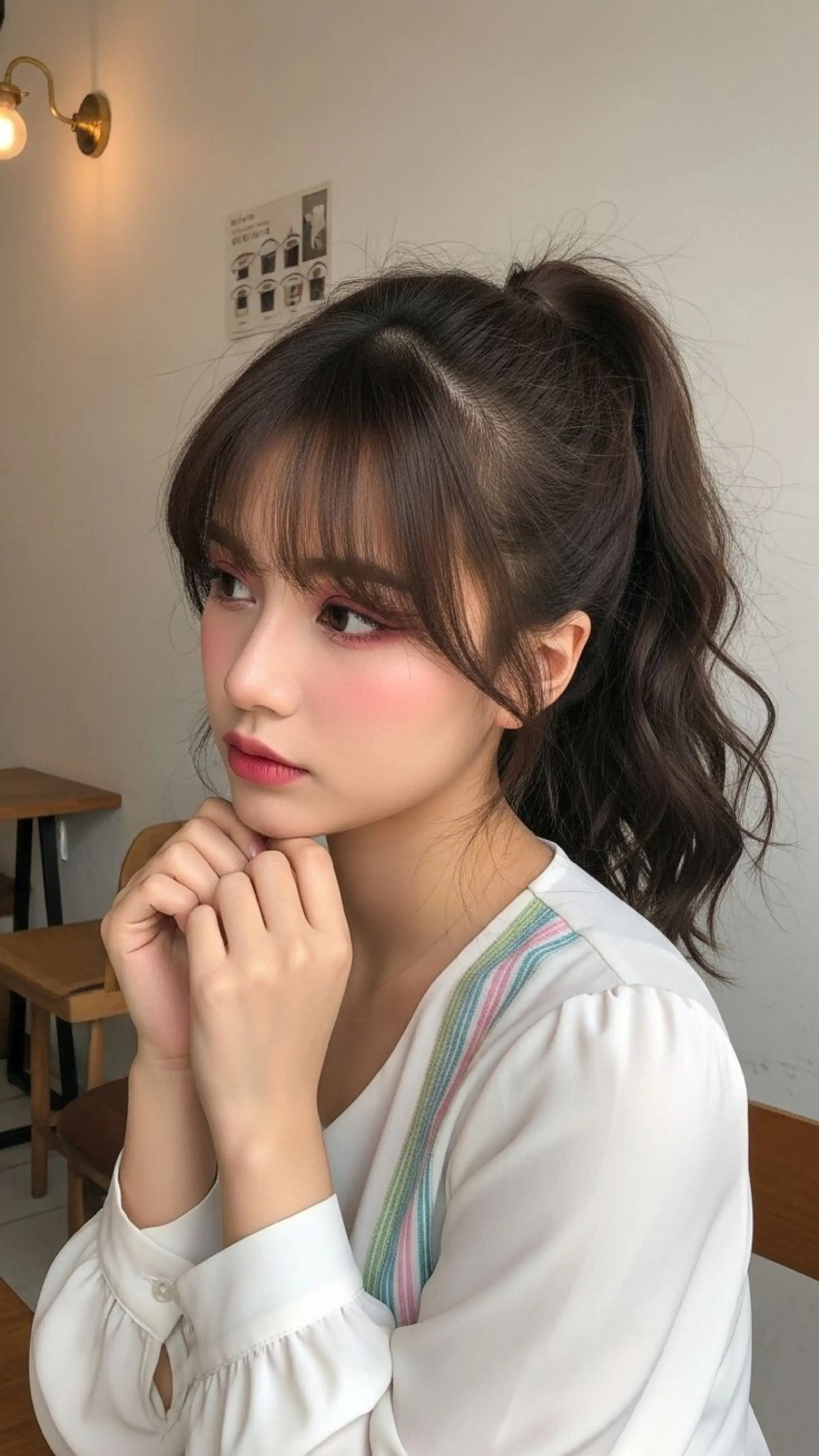 Close-up of a young woman with dark hair in a high ponytail and soft blunt bangs, wearing a white blouse with subtle colorful stripes, sitting indoors with her hands clasped under her chin.