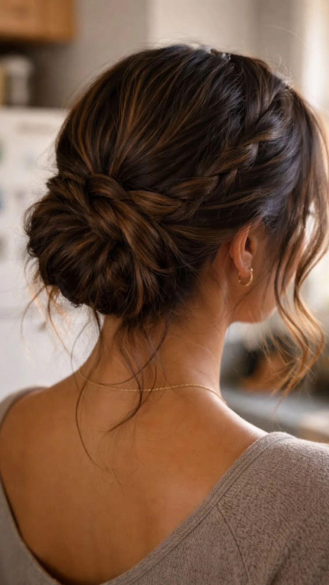 Braided twist updo styled into a low bun with a delicate necklace