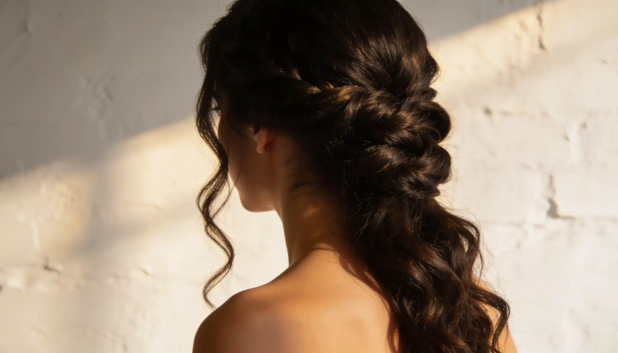 Loose braided updo with soft curls falling over one shoulder