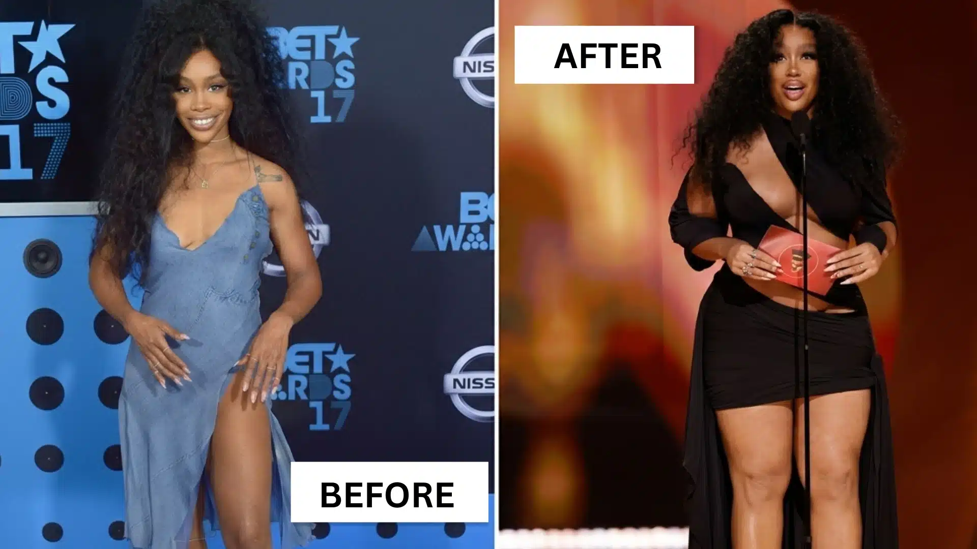 Sza photos in a blue dress at an awards event and later in a black dress speaking onstage.