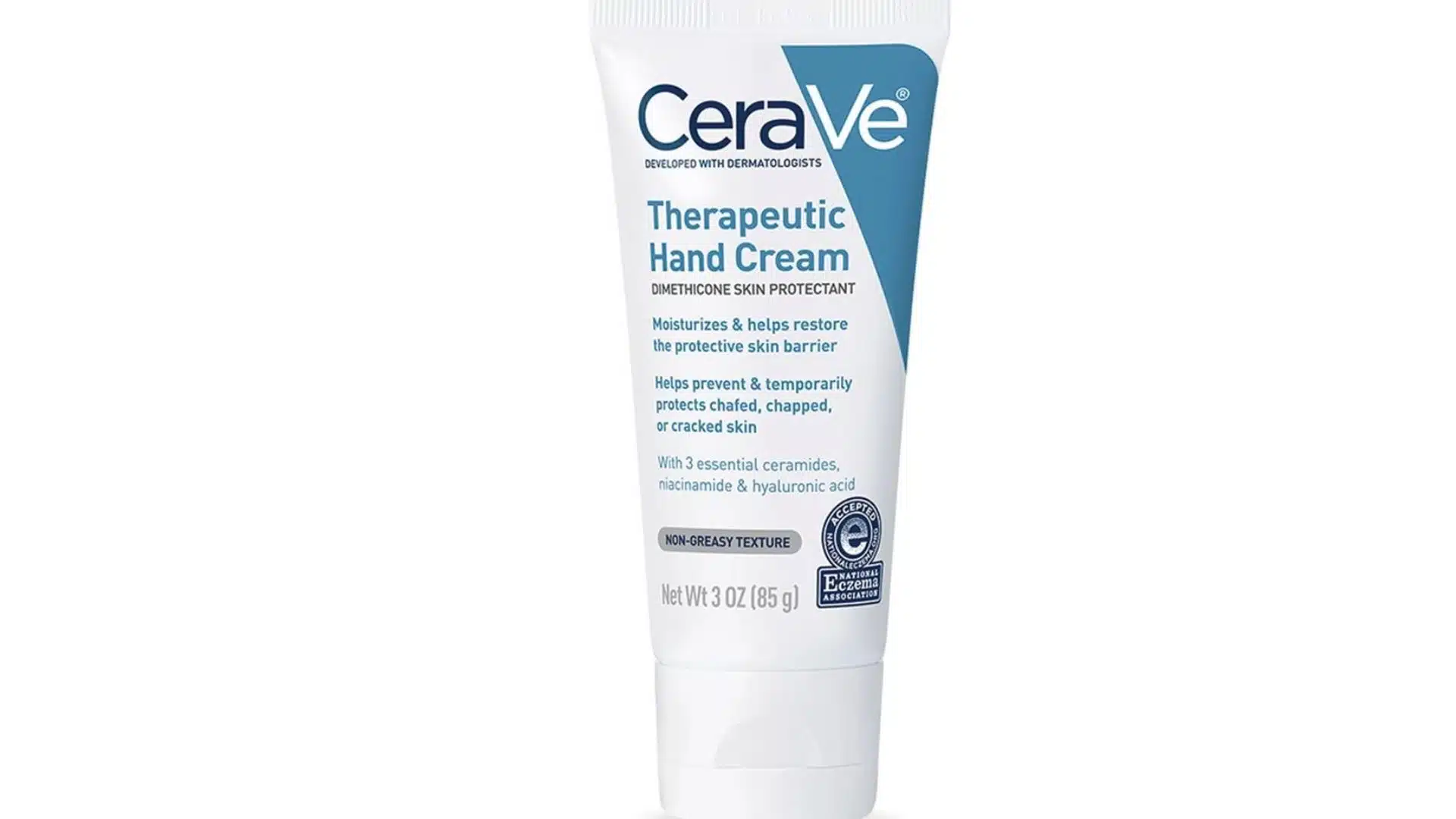 CeraVe Therapeutic Hand Cream in a white tube with blue accents on a white background.