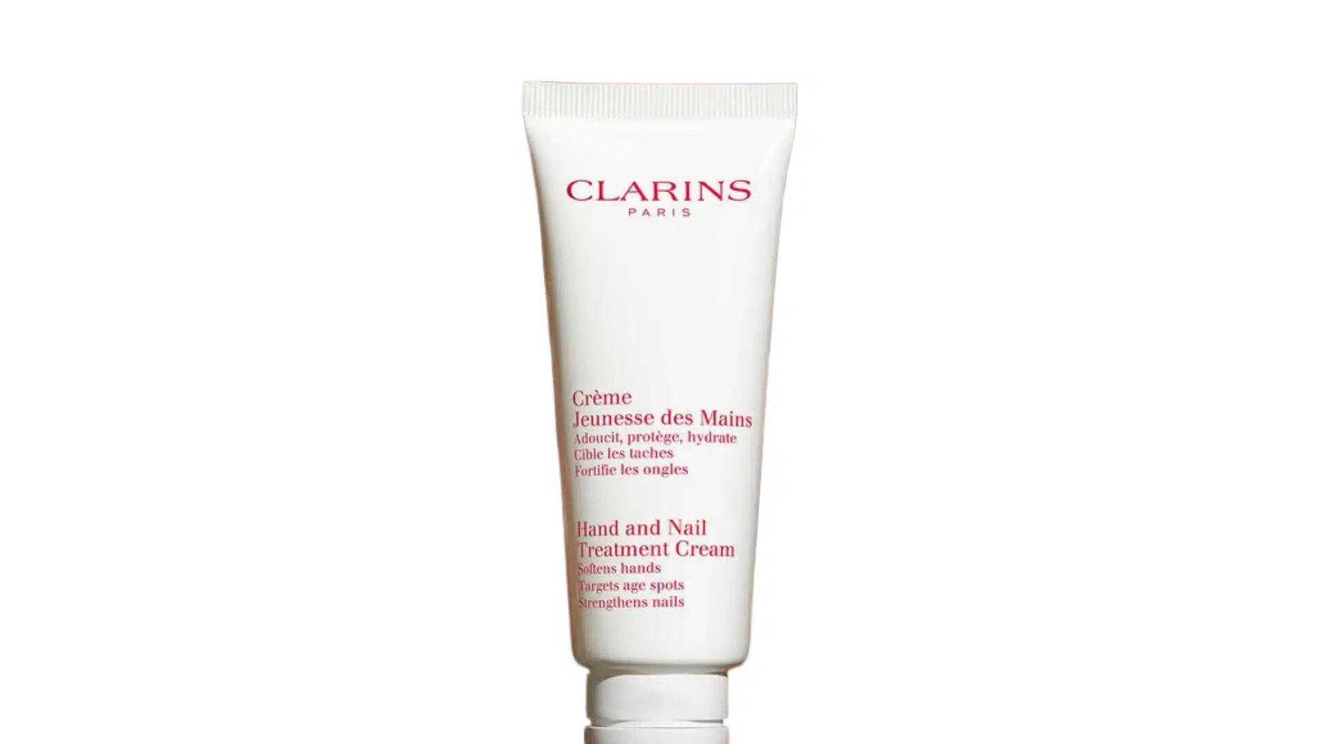 Clarins Hand and Nail Treatment Cream in a white squeeze tube on a clean white background.