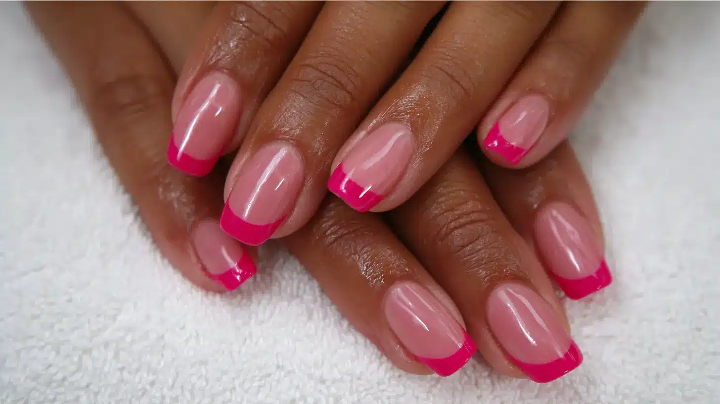 hot pink French tip nails on a clear base with clean bold tips on medium length square nails