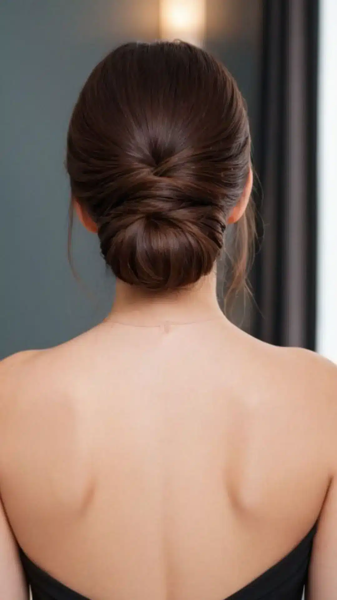 Back view of a person with glossy dark brown hair styled into an intricate, elegant low chignon.