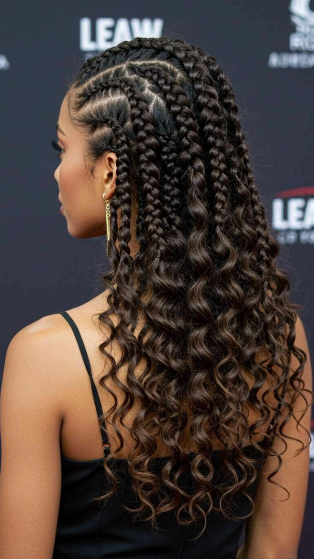Crochet braided hairstyle with long curly ends and gold drop earrings