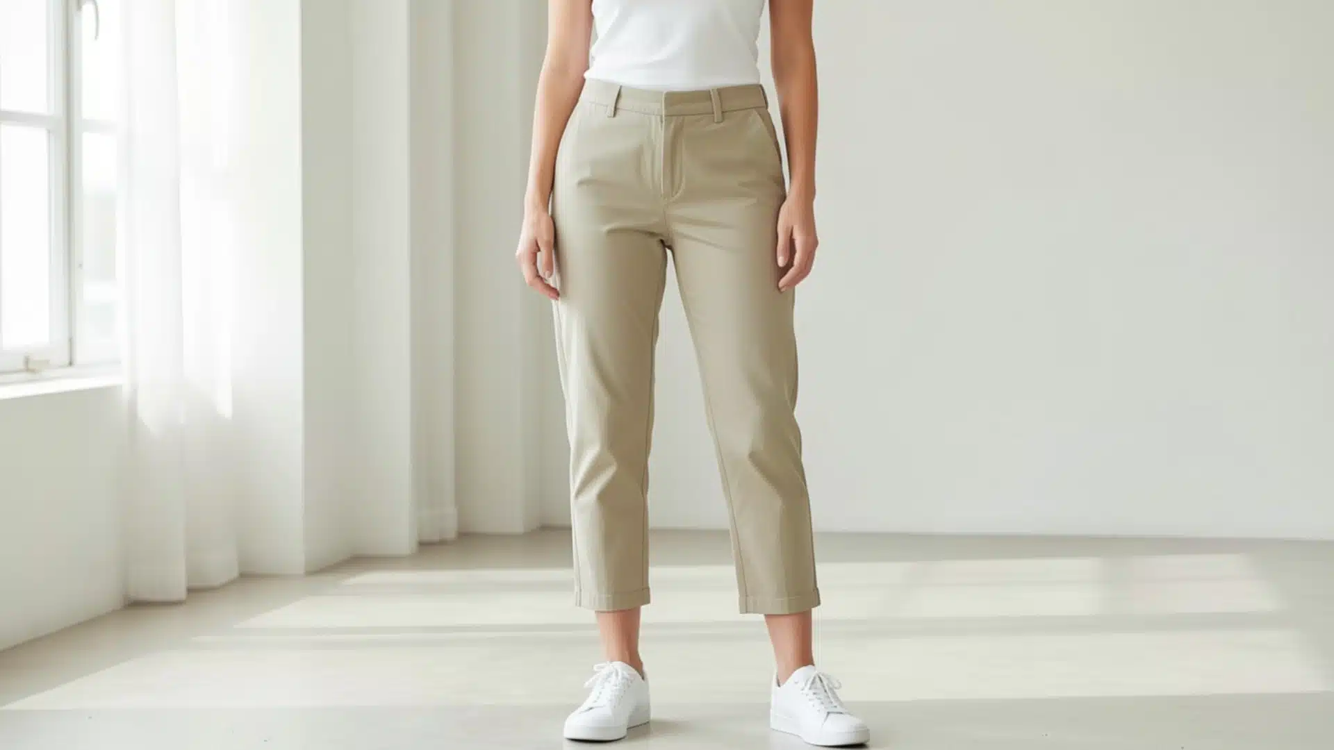 Woman wearing beige cropped chinos and white sneakers in a bright room