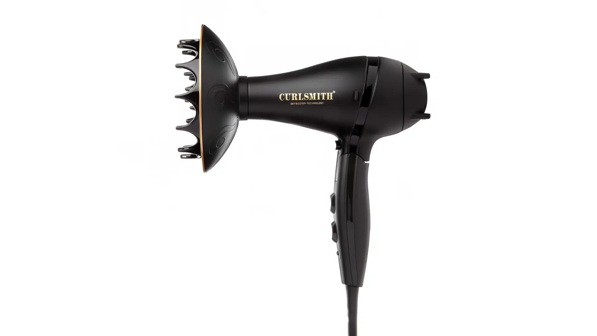 Black Curlsmith hair dryer with a wide diffuser attachment on a white background.