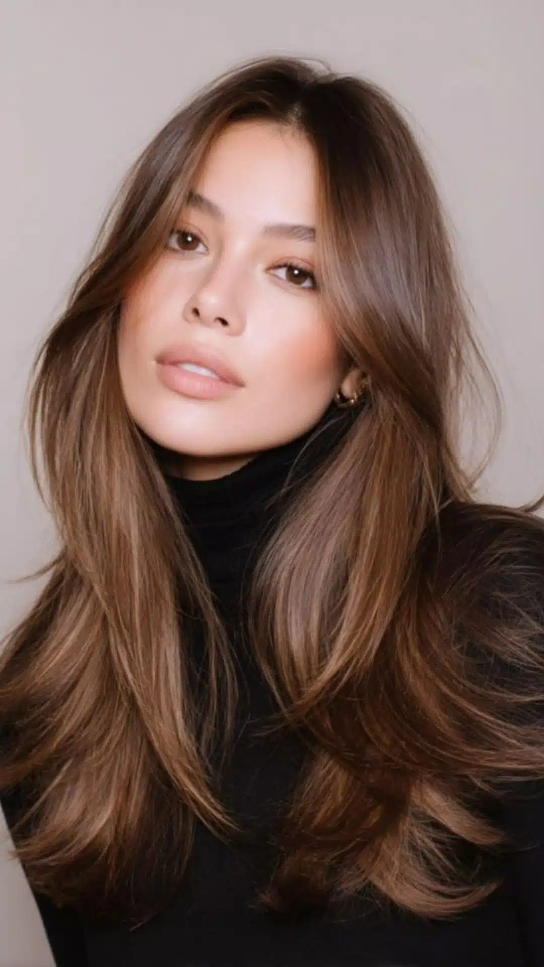 Close-up portrait of a woman with long, layered brown hair featuring face-framing curved bangs, wearing a black turtleneck against a neutral background.