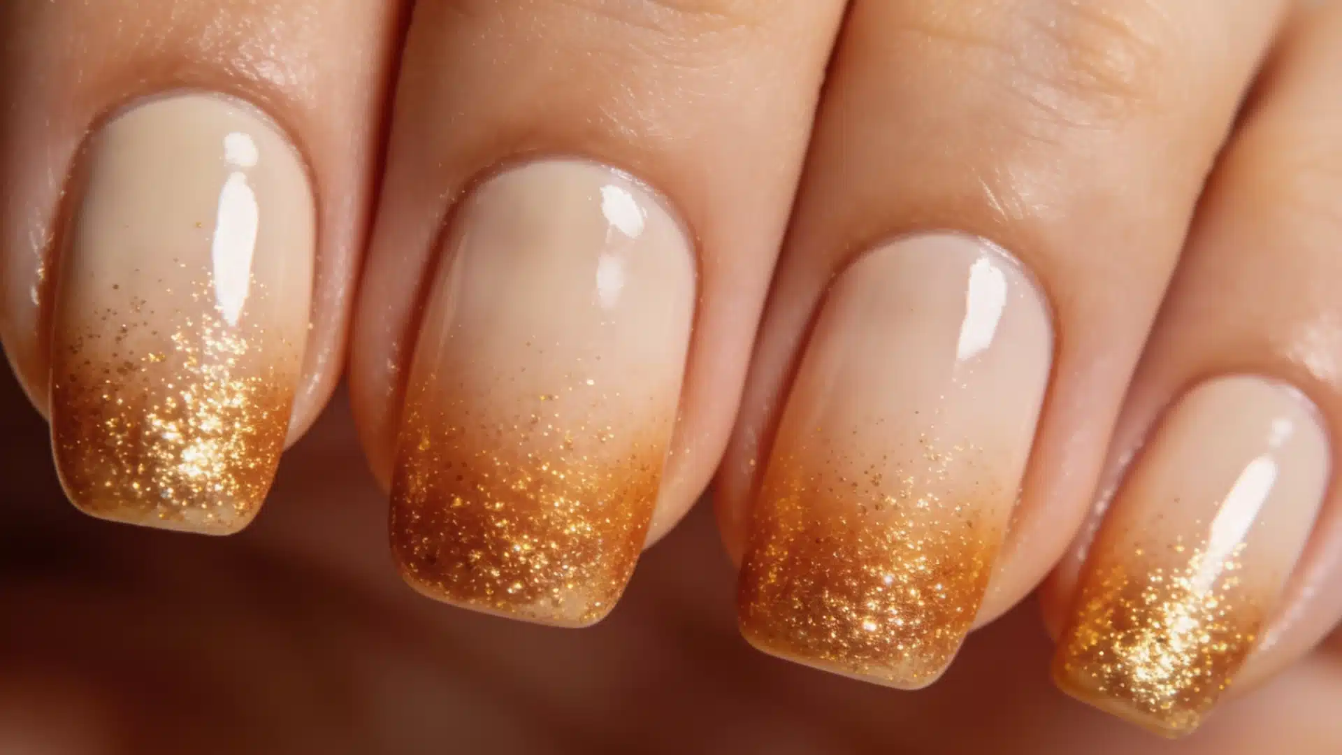 Stunning gold ombre nail art with a smooth gradient effect, transitioning from dark to light gold tones on well-groomed nails.