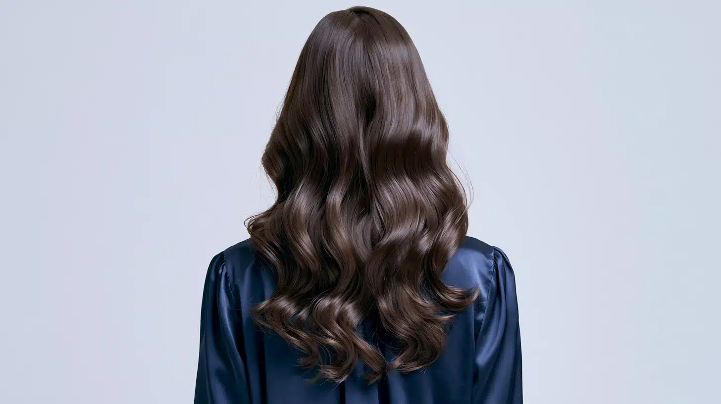 Back view of a woman with long brown hair styled in a digital wave perm, showcasing soft, defined curls.