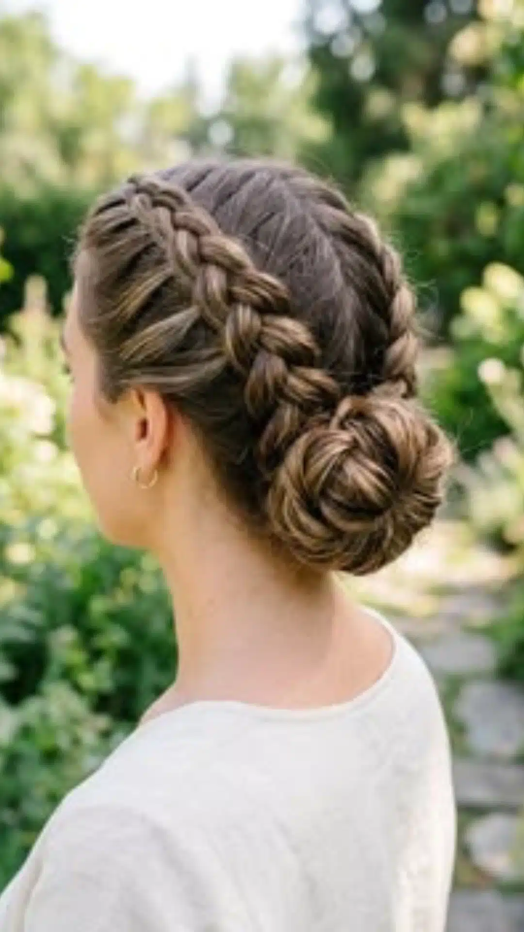 Dutch braid leading into a low bun updo in an outdoor garden setting