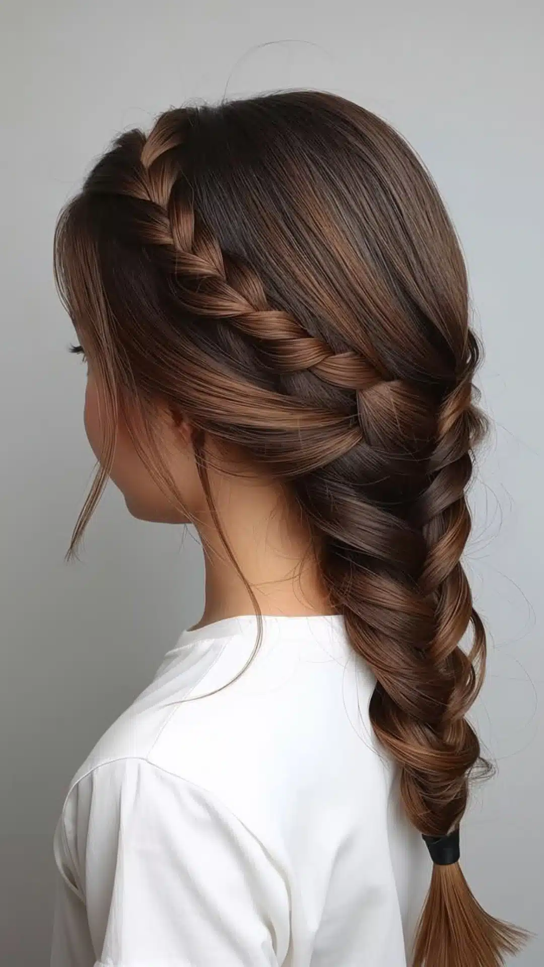 Side braid flowing into a loose braided ponytail