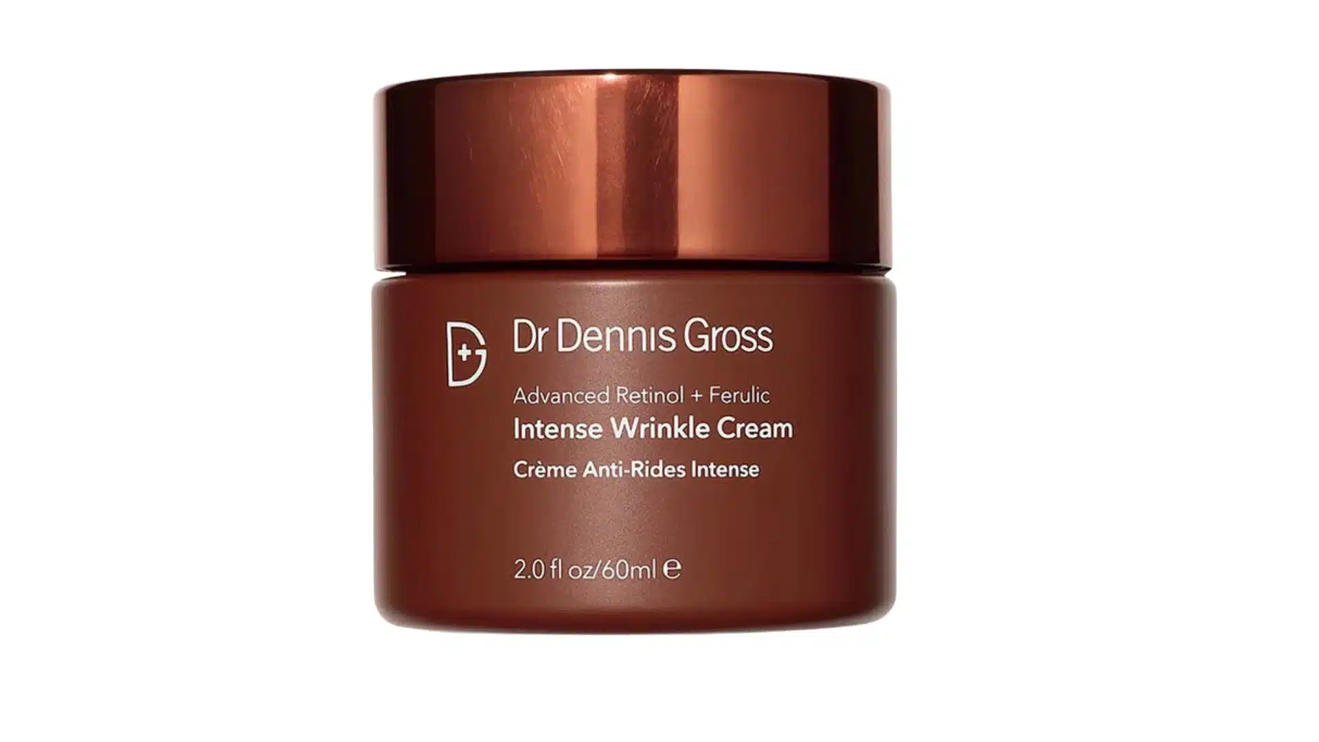 Dr. Dennis Gross Advanced Retinol + Ferulic Intense Wrinkle Cream in a brown jar with a metallic copper lid on a white background.