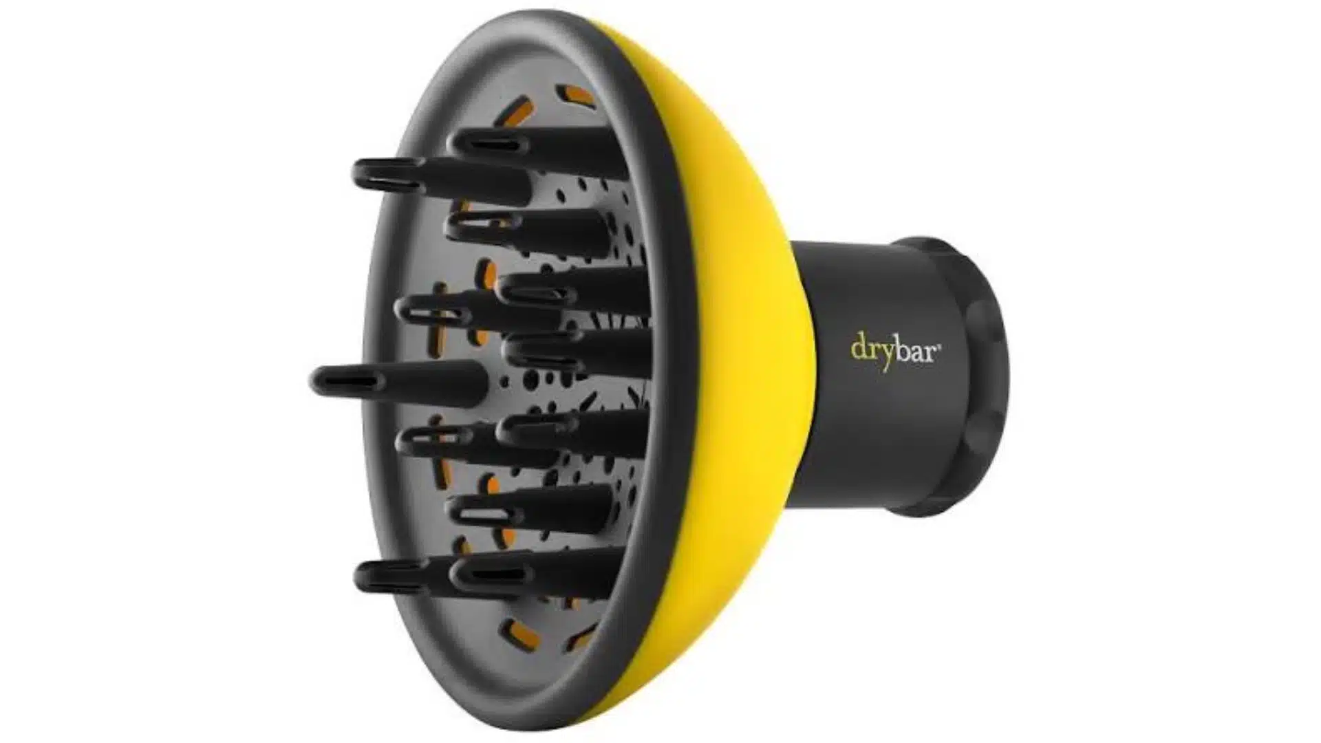 Black and yellow hair dryer diffuser attachment with long prongs.