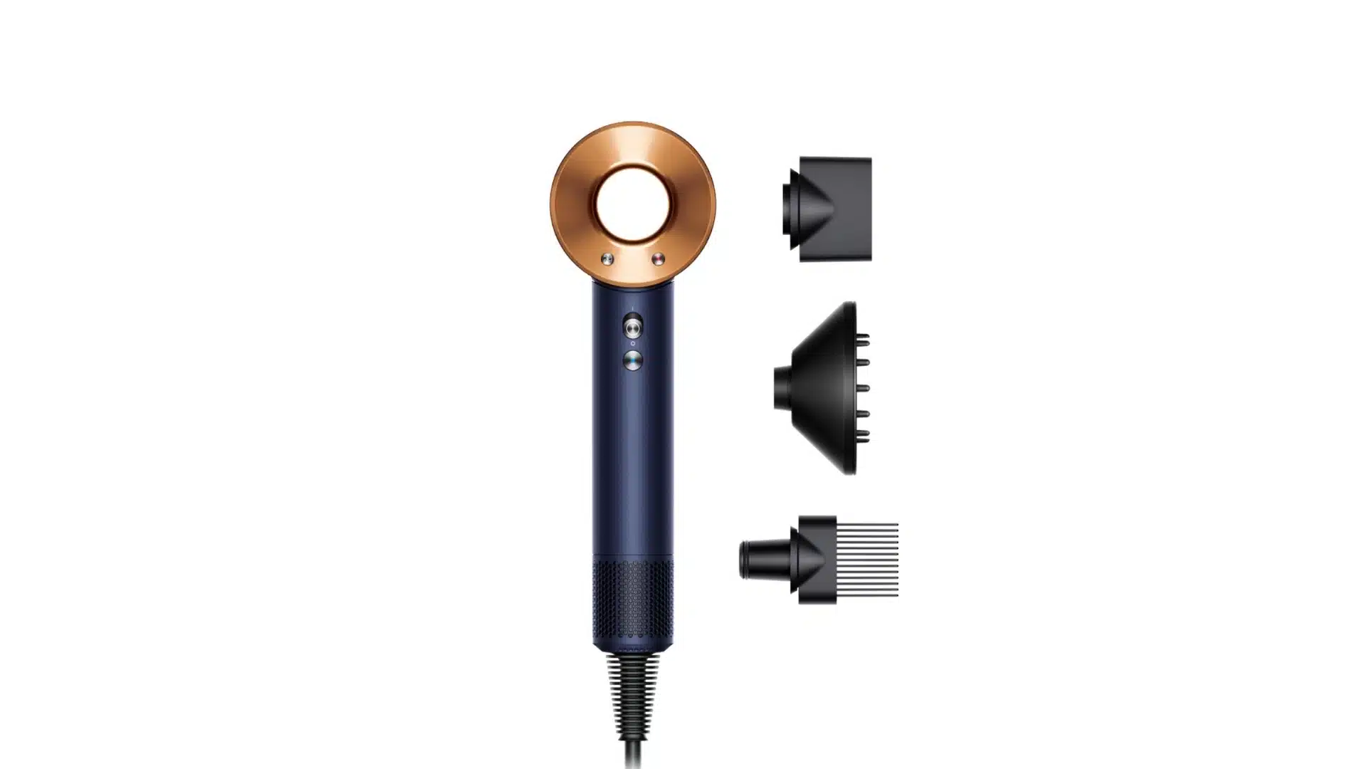 Blue and copper Dyson hair dryer with nozzle, diffuser, and comb attachments.
