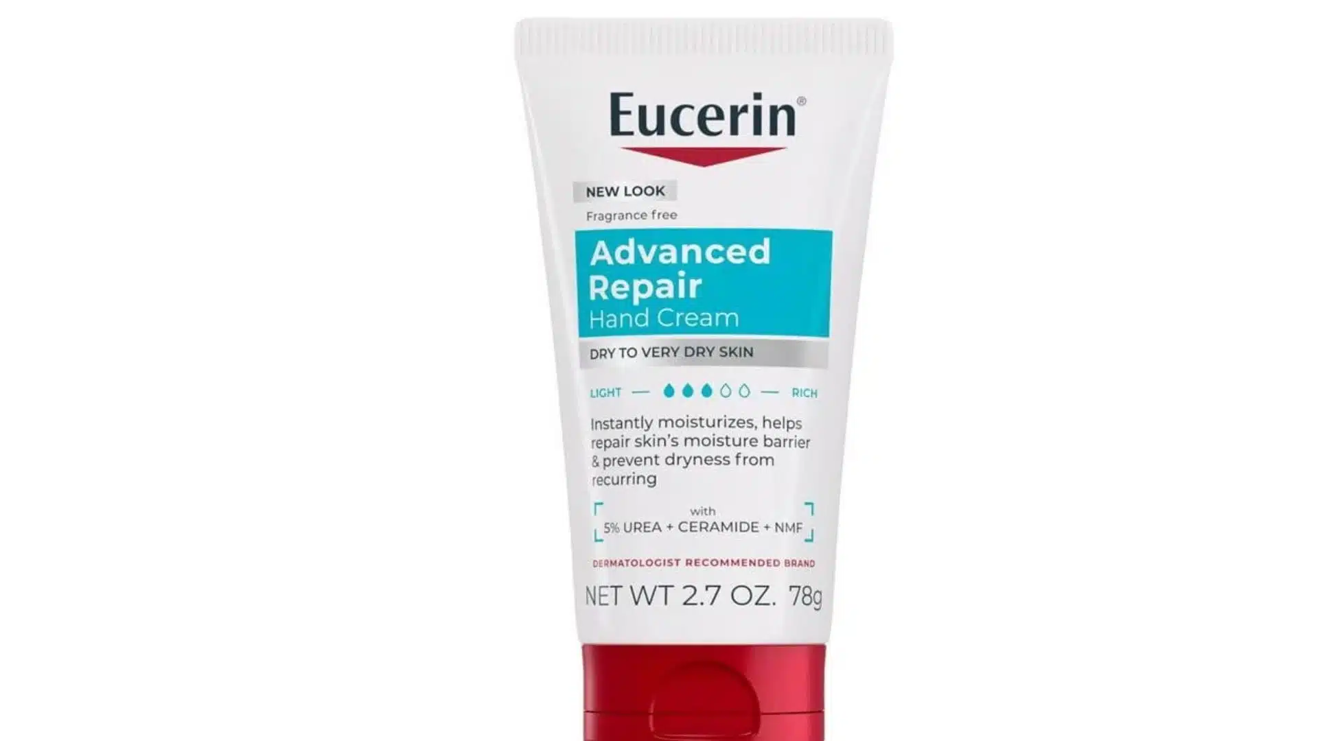 Eucerin Advanced Repair Hand Cream in a white squeeze tube with blue label and red flip cap on a white background.