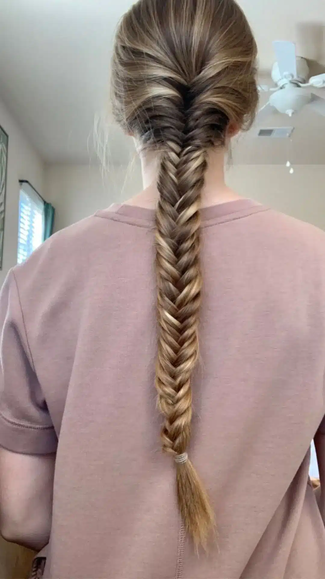 A person with highlighted brown hair seen from behind, wearing a pink t-shirt and displaying a neat fishtail braid that extends down their back.