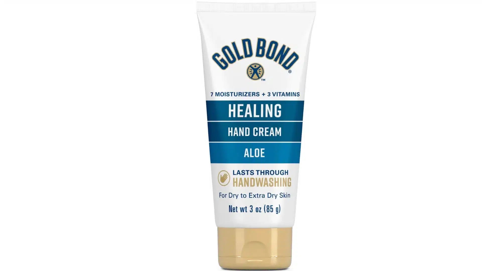 Gold Bond Healing Hand Cream with Aloe in a white tube with blue and gold accents on a white background.