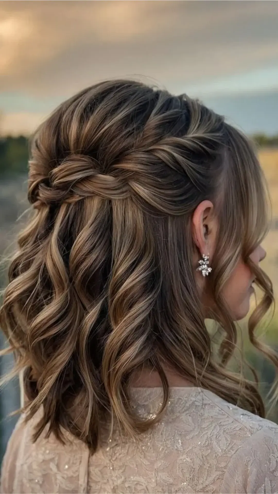 A side-profile view of a woman showcasing an intricate half-up, half-down hairstyle with braided details and loose, voluminous curls in her brown and blonde highlighted hair.