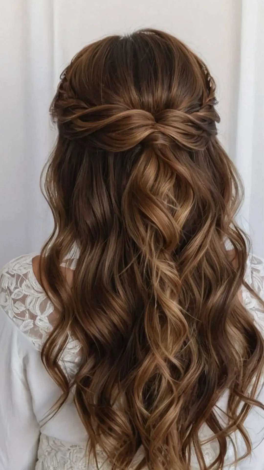 Back view of a woman with long, highlighted brown hair styled in a twisted half-up, half-down hairdo with soft curls, wearing a white lace dress.