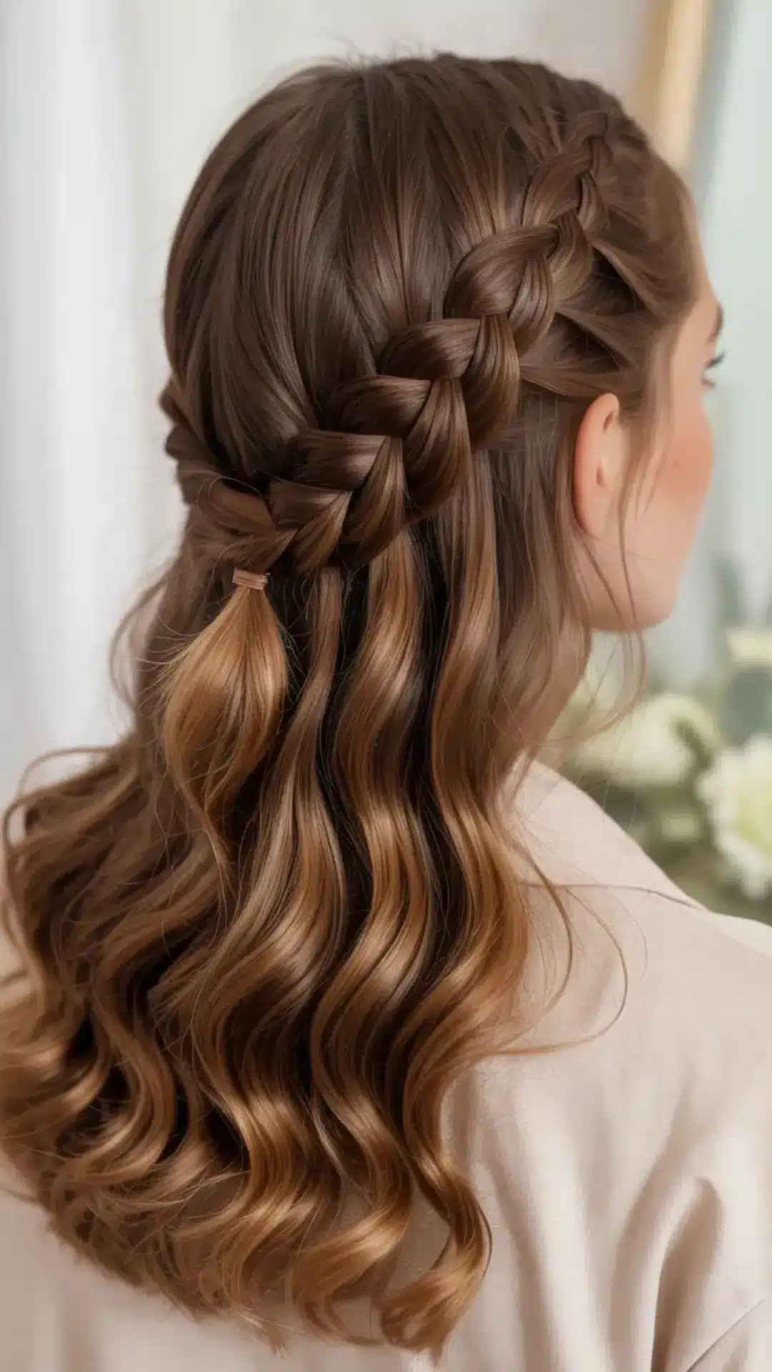 Back view of a person with long, wavy brown hair styled in a side Dutch braid that pulls back the top section, secured with a small elastic.
