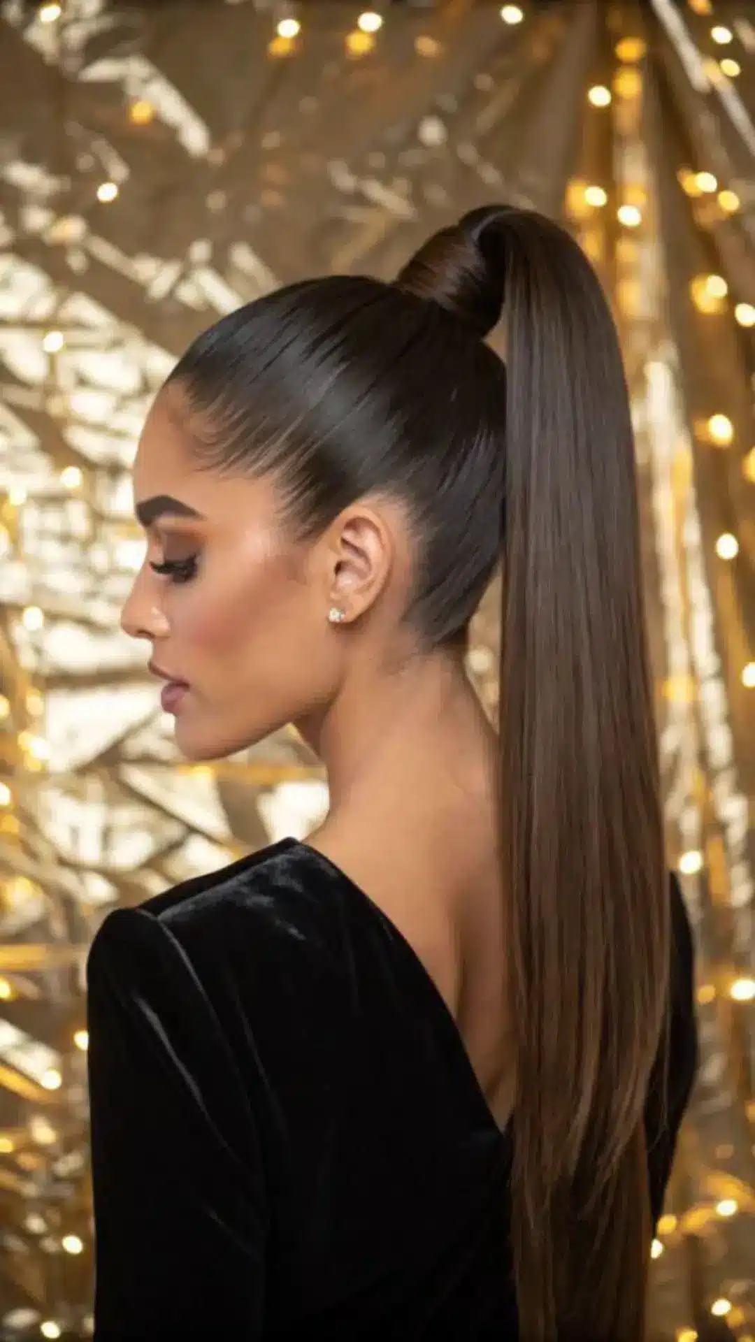 Side profile of a woman with long, dark brown hair styled in a sleek, high ponytail against a glittering gold background.