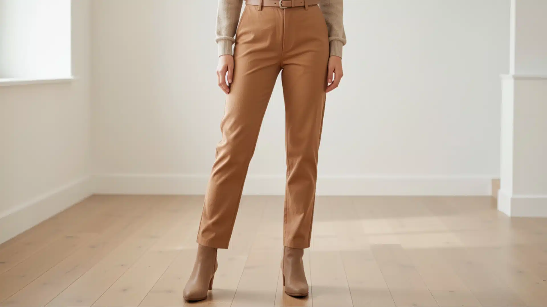 A women wearing a beige sweater, high waisted chinos, and tan ankle boots stands on a light wood floor