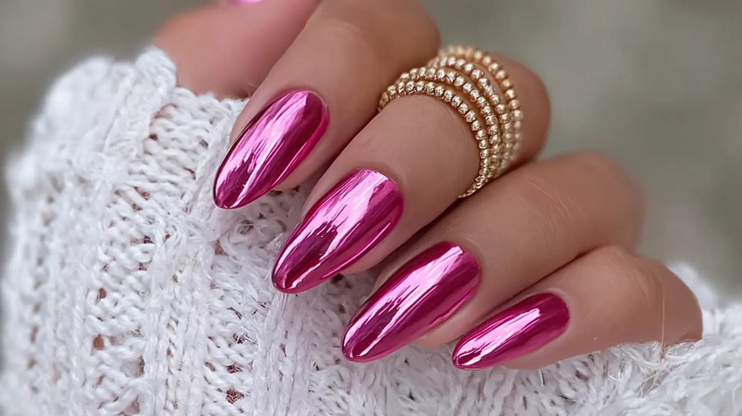 hot pink chrome almond nails with mirror metallic finish paired with a diamond stacked gold ring