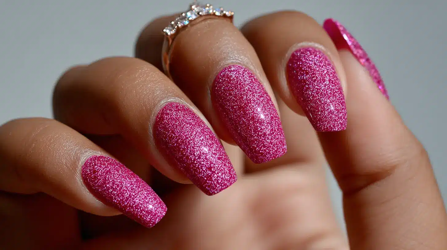 full coverage hot pink glitter coffin nails with fine sparkling shimmer and a diamond ring accent