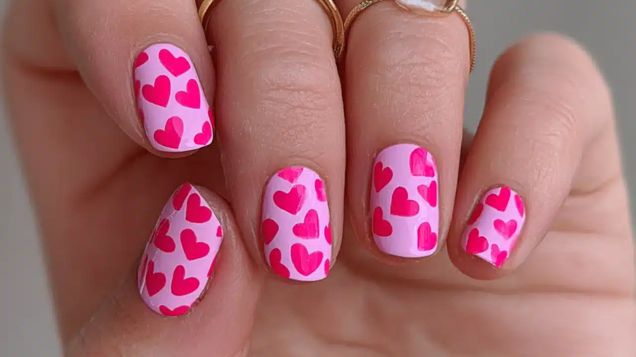 short square nails with hot pink hearts scattered on a pale lavender base with gold rings