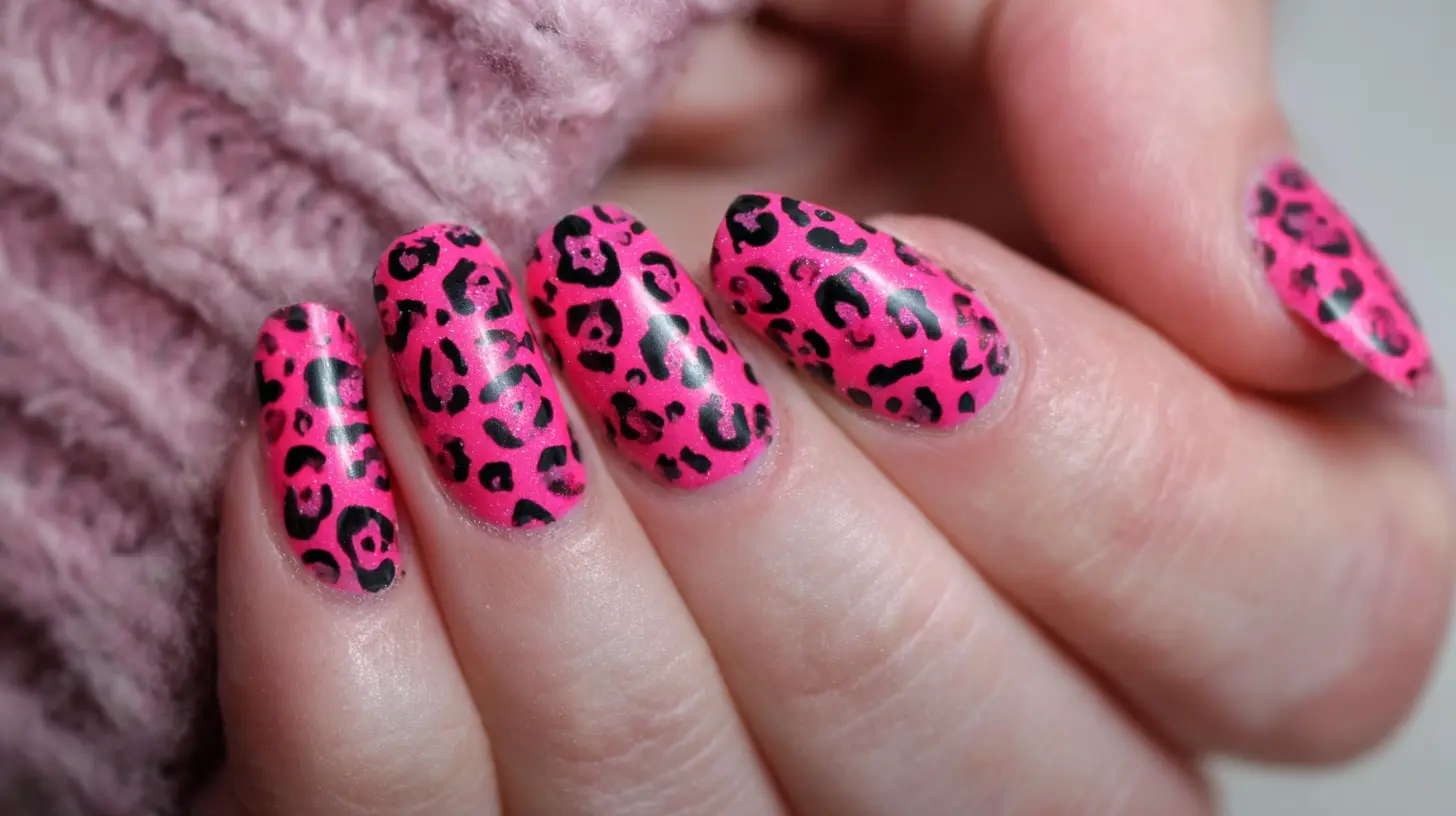 hot pink leopard print nails with black spots on almond shaped nails against a pink knit background