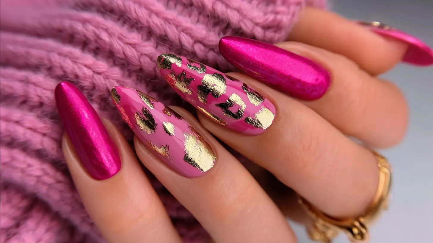 hot pink chrome almond nails with gold foil accent nail and leopard spot detailing on a pink knit background