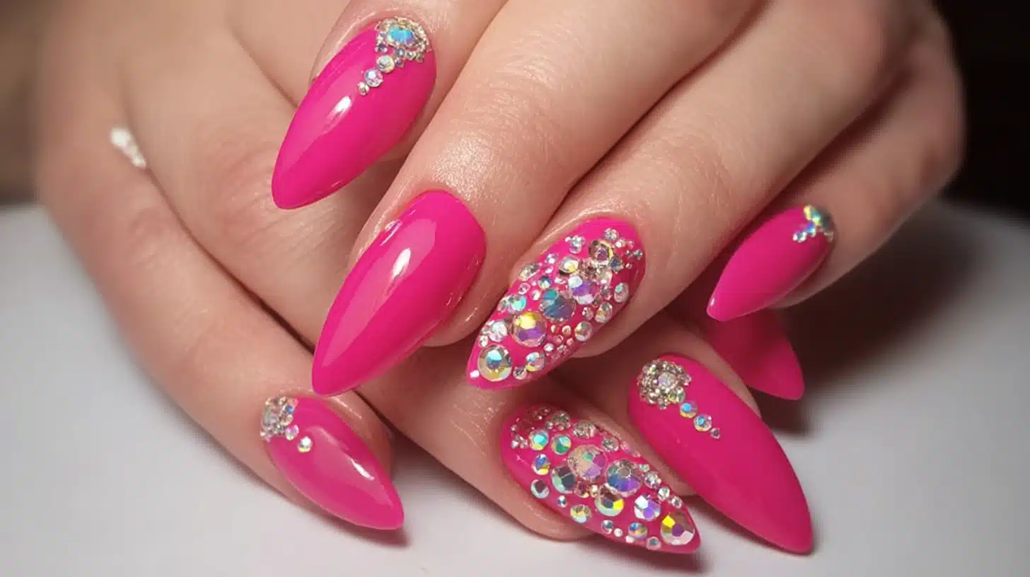 glossy hot pink stiletto nails with iridescent rhinestone cluster accent on two nails and scattered crystals