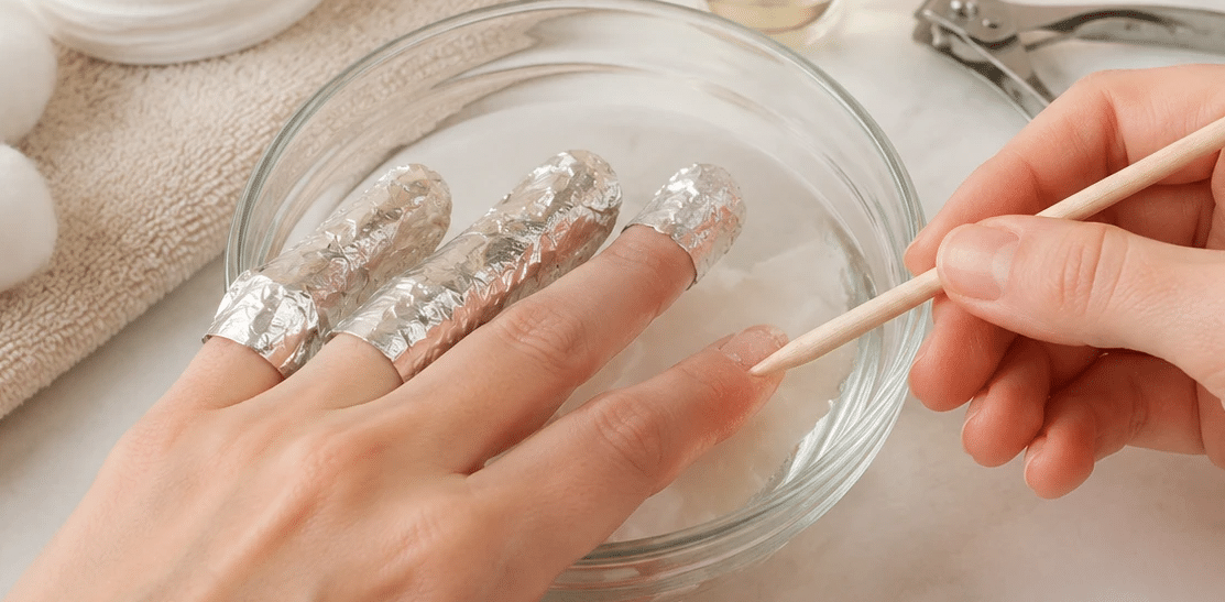 Person filing fingernails with wooden cuticle pusher surrounded by cotton balls and nail file.