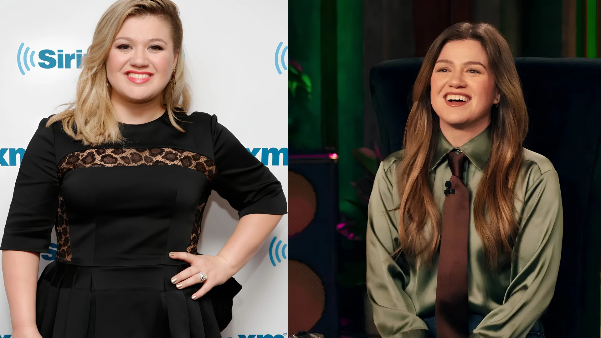 Split image shows Kelly Clarkson before and after the weight loss