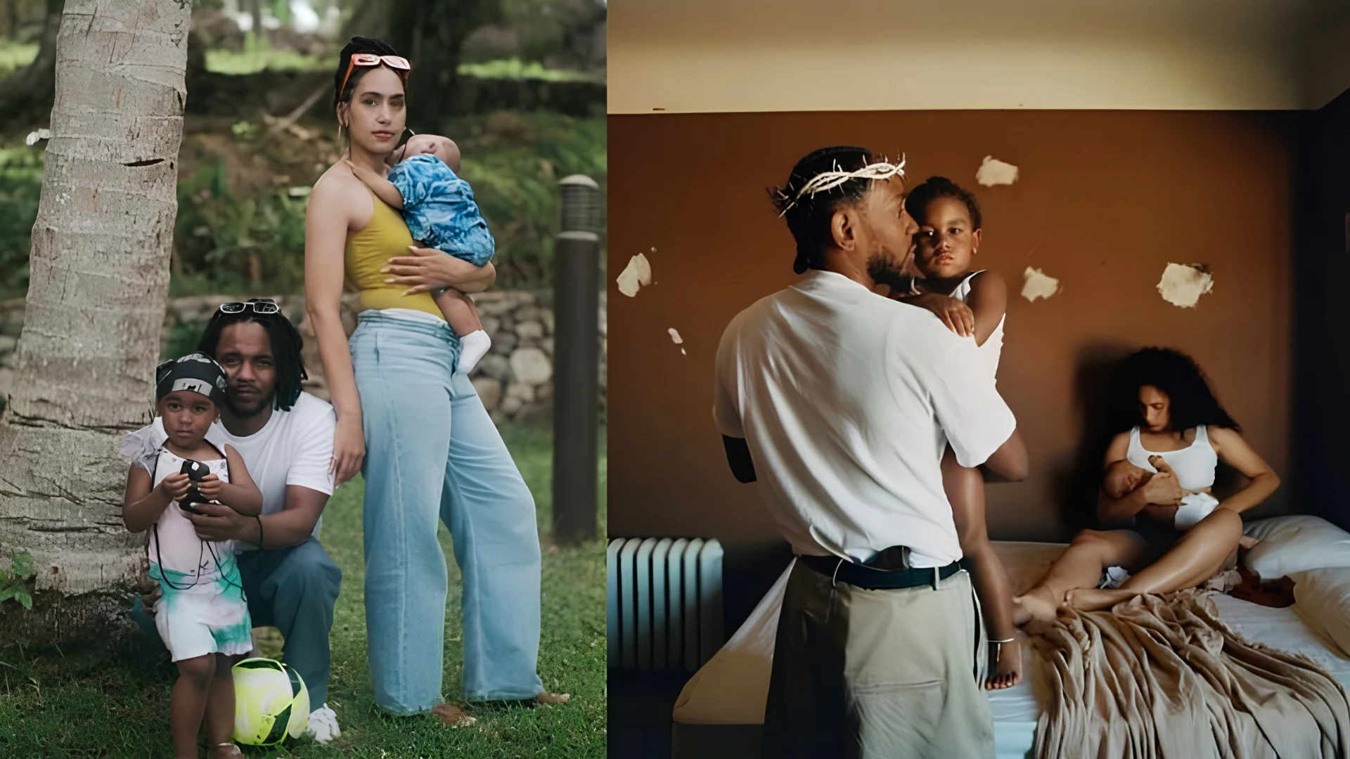 Kendrick Lamar with his family outdoors and Kendrick Lamar wearing a crown of thorns indoors with his family