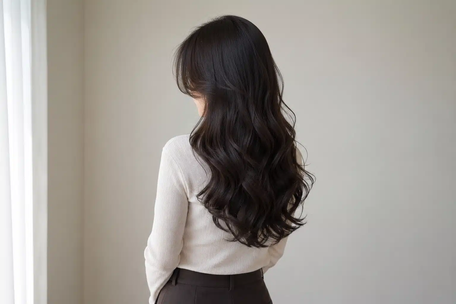 A woman with long hair styled in a Korean wave perm stands gracefully in front of a window, showcasing her hairstyle.