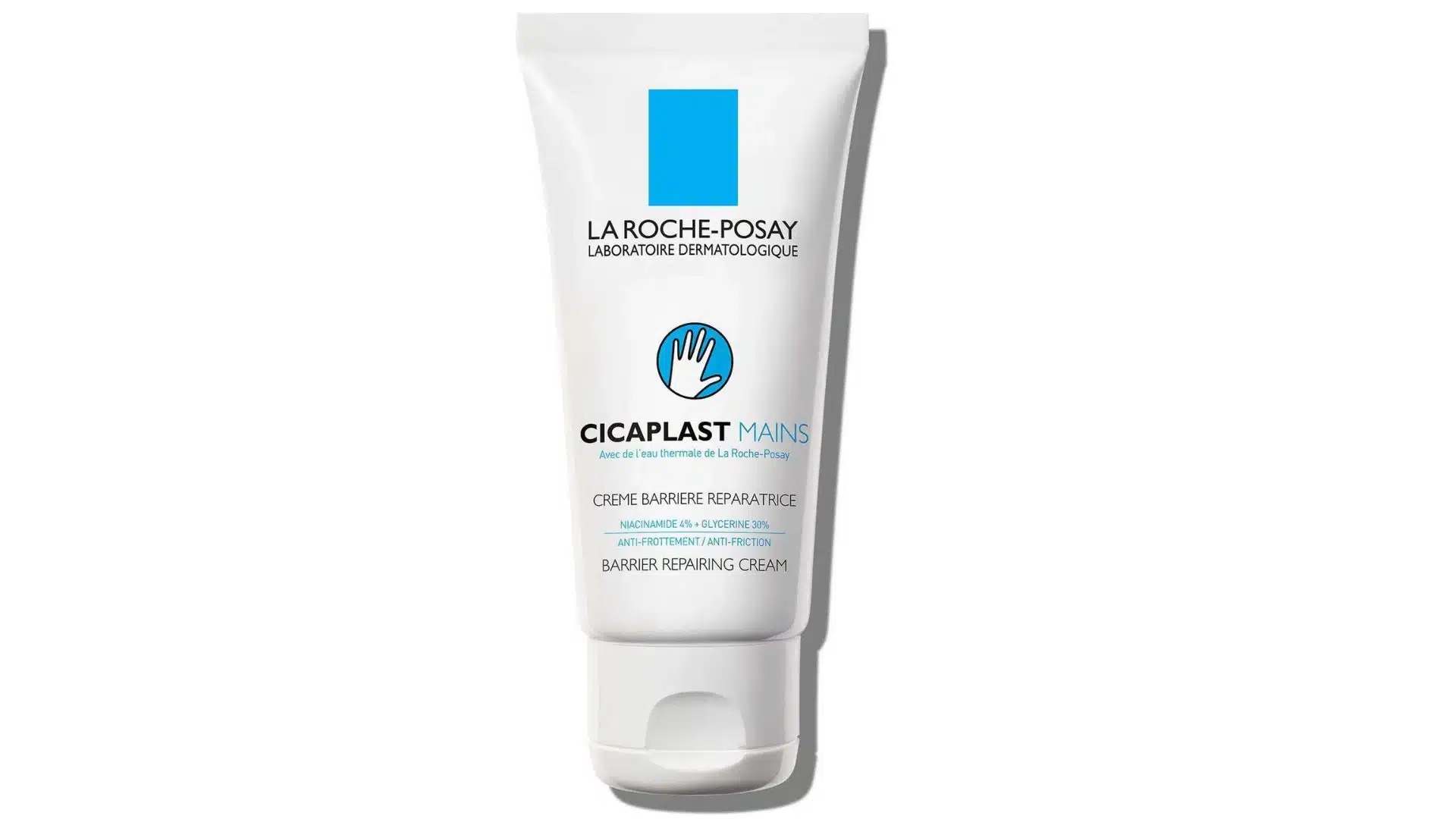 La Roche-Posay Cicaplast Mains Barrier Repairing Hand Cream in a white tube with blue accents on a white background.